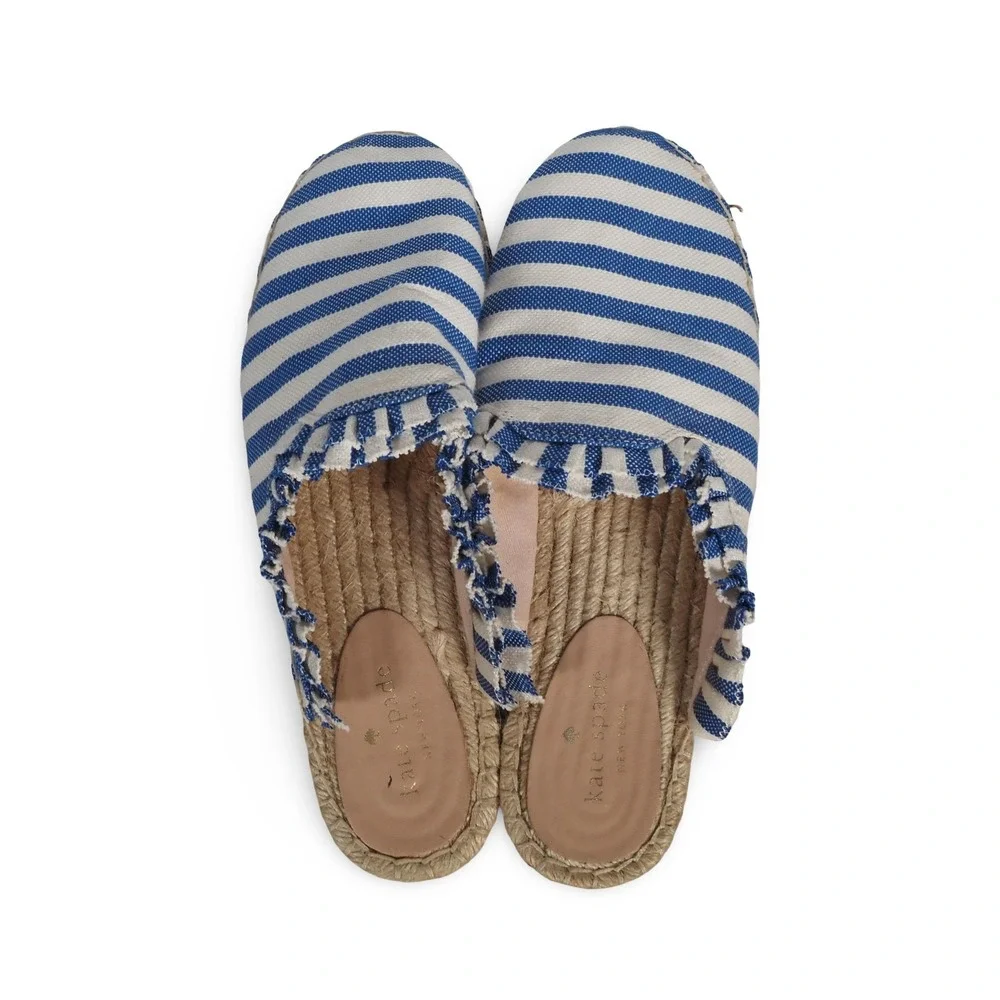 Kate Spade Laila Espadrille Mules Womens 9M Blue Cream Striped Ruffle S3914